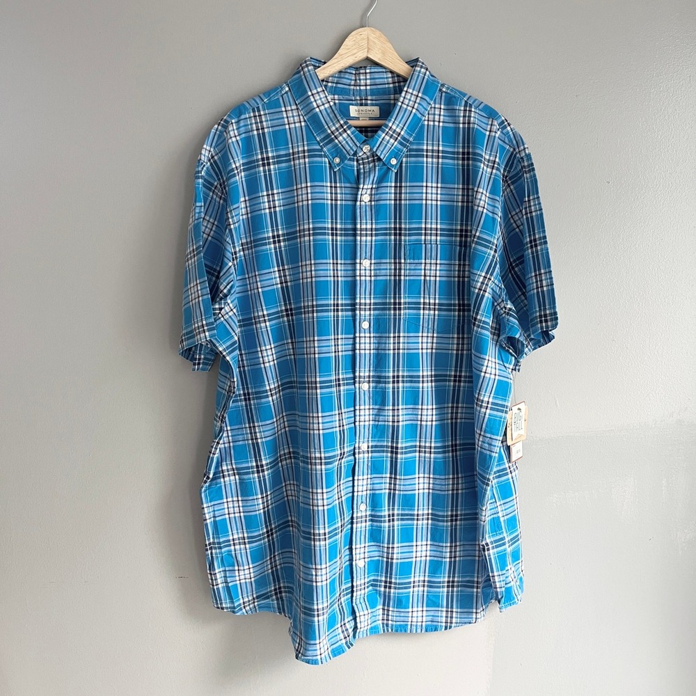 Sonoma Mens 2XB Blue Plaid Short Sleeve Poplin Button Down Shirt NWT